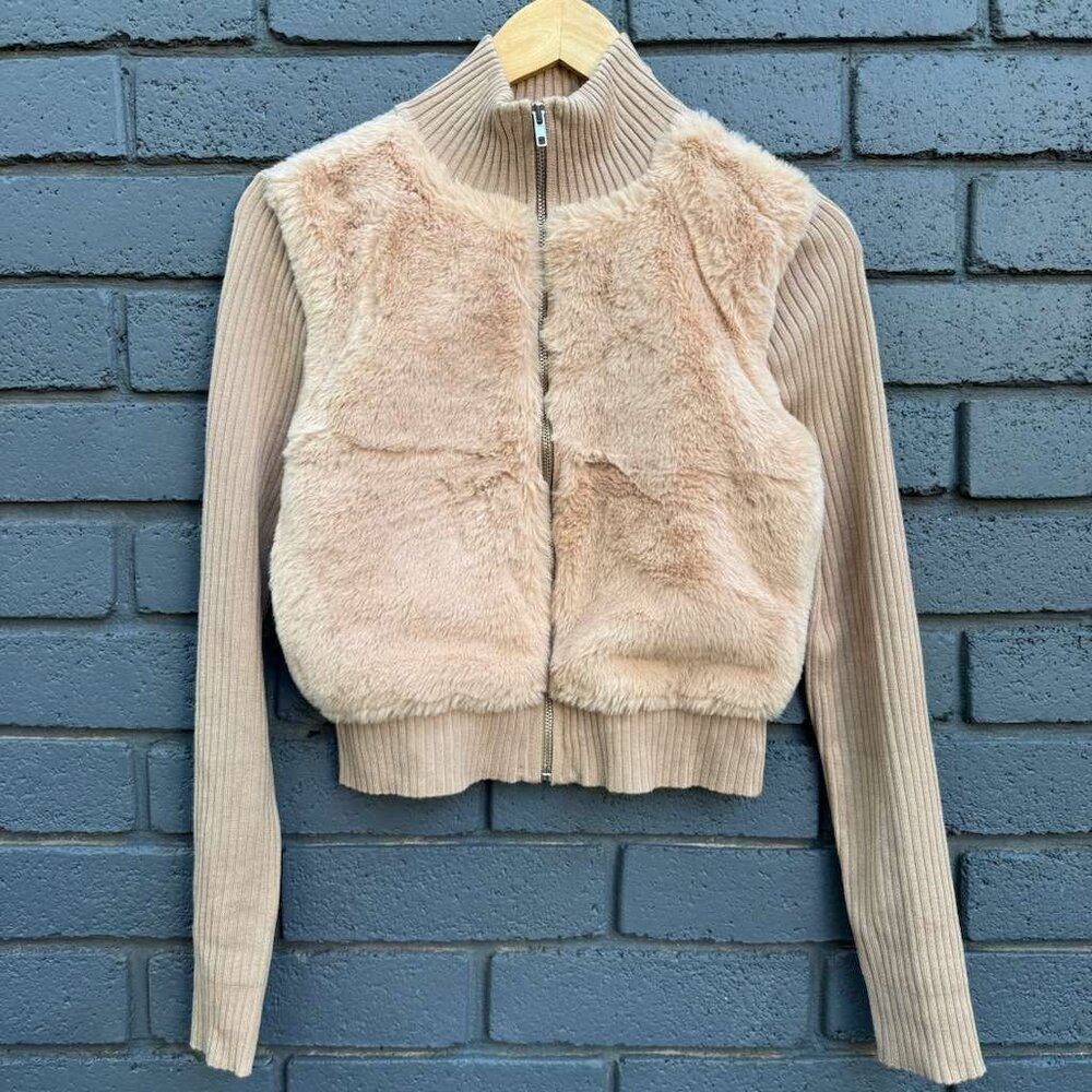 No Comment Crop Ribbed FAUX FUR Cardigan Sweater Full Zipper L Camel Beige Wms